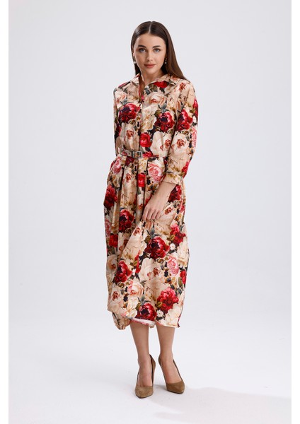 Önü Düğmeli Büyük Güllü Uzun Elbise | ELB36267 Büyük Güllü