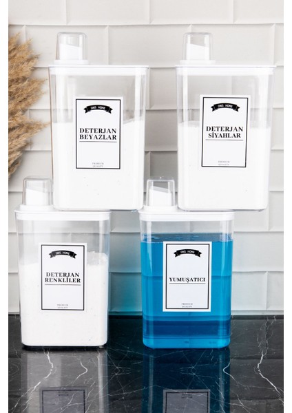 4'lü Deterjan Saklama Kabı Kendinden Ölçekli Renkli Beyaz Siyah Yumuşatıcı modelleri
