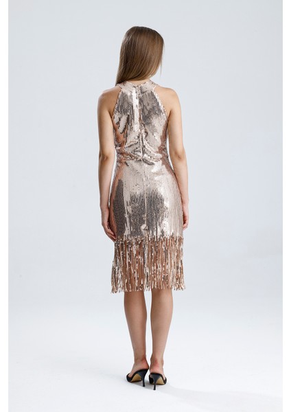 Astarlı Püsküllü Payet Elbise – Işıltılı Gecelerin Yıldızı | ELB36190 Gold indirimleri