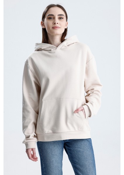 Ekru Relaxed Fit Unisex Hoodie %100 Pamuk Kapüşonlu Kanguru Cepli Düz Renk