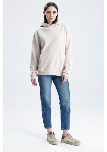 Ekru Relaxed Fit Unisex Hoodie %100 Pamuk Kapüşonlu Kanguru Cepli Düz Renk fiyatları