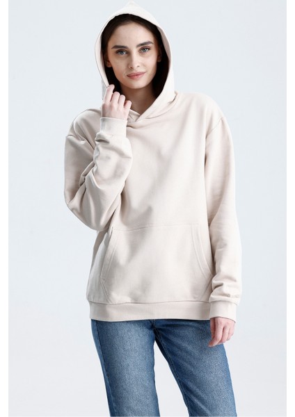 Ekru Relaxed Fit Unisex Hoodie %100 Pamuk Kapüşonlu Kanguru Cepli Düz Renk indirimleri