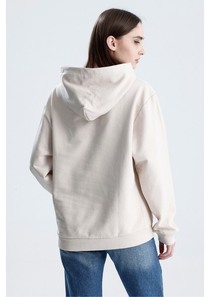 Ekru Relaxed Fit Unisex Hoodie %100 Pamuk Kapüşonlu Kanguru Cepli Düz Renk