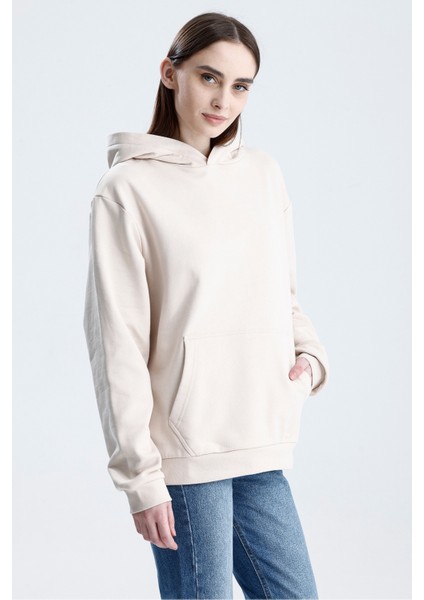 Ekru Relaxed Fit Unisex Hoodie %100 Pamuk Kapüşonlu Kanguru Cepli Düz Renk