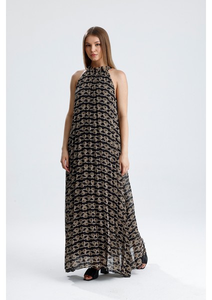 Astarlı Piliseli Uzun Abiye Desenli Şifon Elbise | ELB35127SF Zincir Desenli