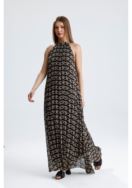 Astarlı Piliseli Uzun Abiye Desenli Şifon Elbise | ELB35127SF Zincir Desenli fiyatları