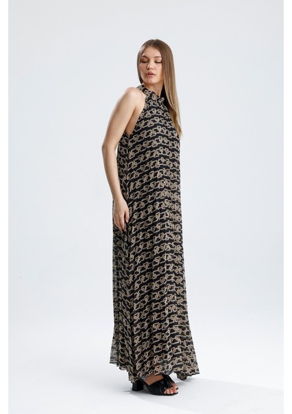 Astarlı Piliseli Uzun Abiye Desenli Şifon Elbise | ELB35127SF Zincir Desenli modelleri