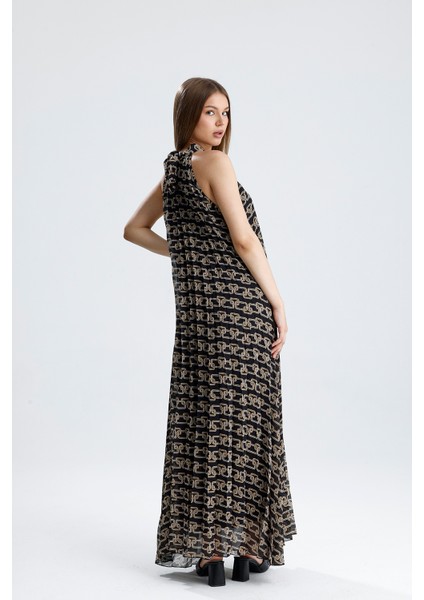 Astarlı Piliseli Uzun Abiye Desenli Şifon Elbise | ELB35127SF Zincir Desenli indirimleri