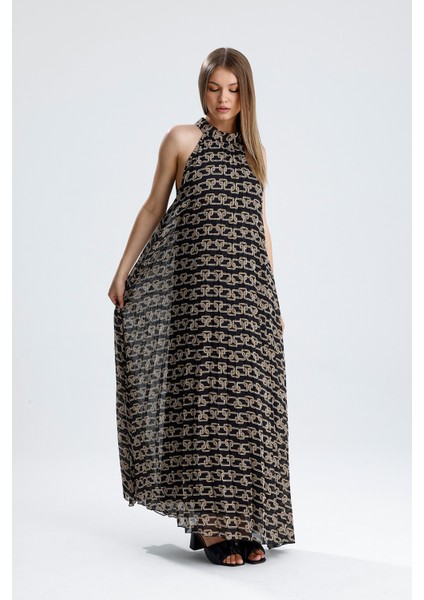 Astarlı Piliseli Uzun Abiye Desenli Şifon Elbise | ELB35127SF Zincir Desenli