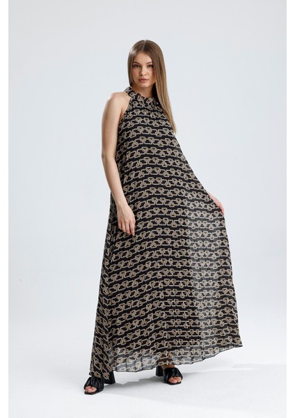 Astarlı Piliseli Uzun Abiye Desenli Şifon Elbise | ELB35127SF Zincir Desenli