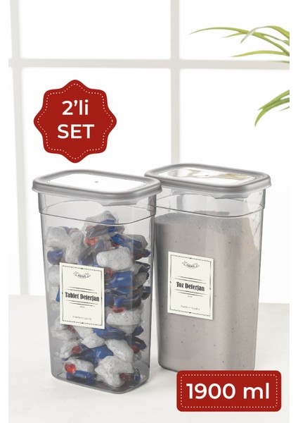 2'li 1,9 Litre Dikdörtgen Deterjan Kabı Seti Gri Etiketli