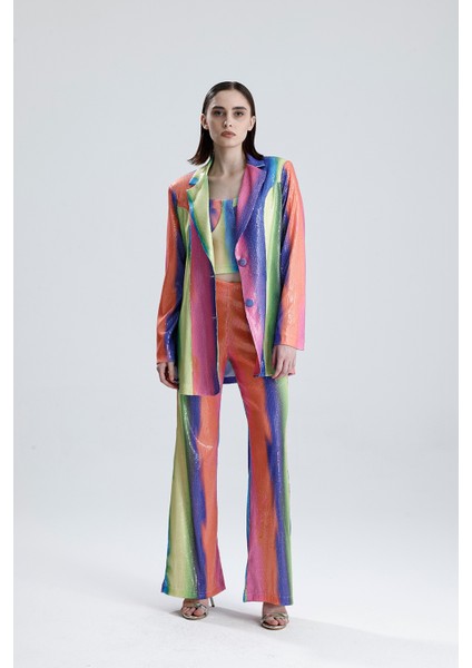 Abiye Takım Elbise | Ceket | Pantolon | Büstiyer 3 Lü Takım TK34264 Gökkuşağı