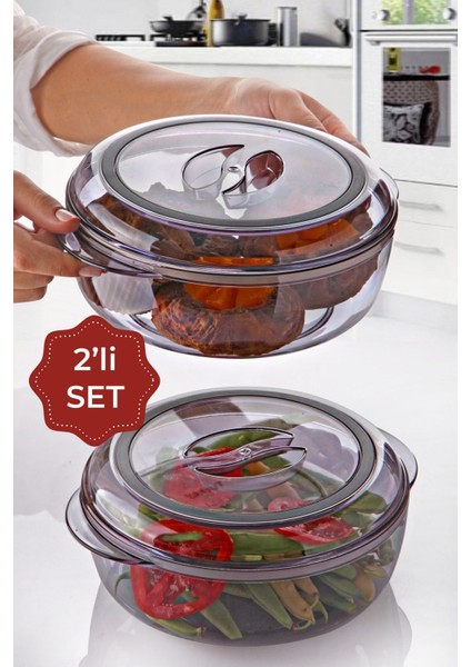 2'li Akrilik Yuvarlak Saklama Kabı, 1,7 Litre, Gri, Dayanıklı ve Şık Tasarım