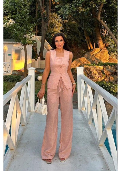 Kadın Ikili Alt Üst Takım Keten Düğmeli Kare Yaka Beli Bağcıklı Regular Yelek Bol Pantolon Takım modelleri