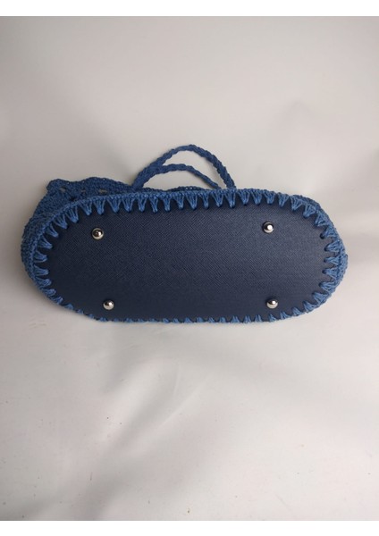 Kadın Mavi Kağıt Ip Örgü Çıtçıtlı El Omuz Çantası En 31 cm Boy 18 cm Derinlik 11 cm fırsatları