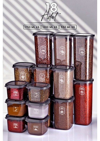 18'li Kare Saklama Kabı Seti, Farklı Boyutlarda, Sert Kapaklı, Etiketli, Gri Renk