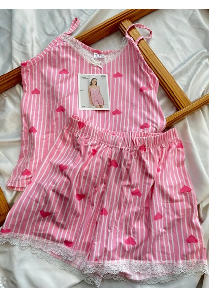 Pembe Kalp Desen Ip Askılı Şortlu Pijama T.