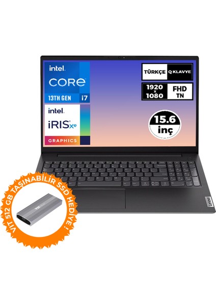 V15 Gen 4 I7-1355U 16GB 512GB SSD 15.6" Fdos Laptop + 512GB Taşınabilir SSD 83A100KXTR 034