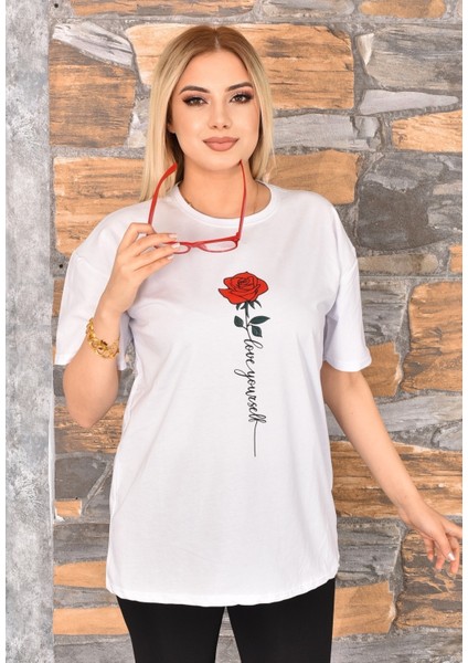 Gül Baskılı Oversize Kadın T-Shirt Bisiklet Yaka