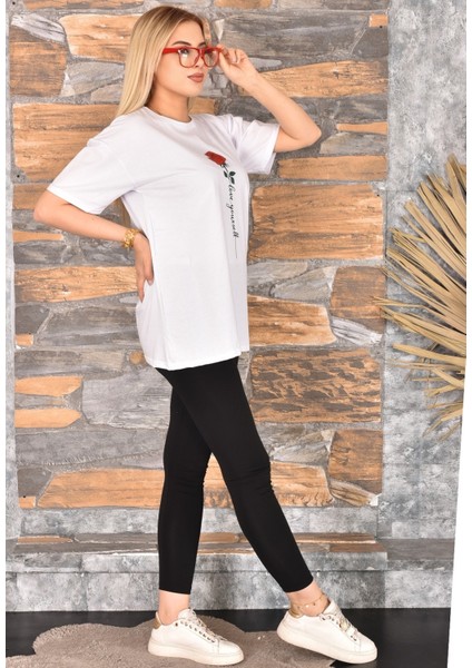 Gül Baskılı Oversize Kadın T-Shirt Bisiklet Yaka modelleri