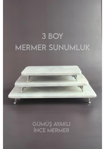 Ege 3'lü Ince ve Gerçek Mermer Sunumluk Seti - Gümüş Ayaklı