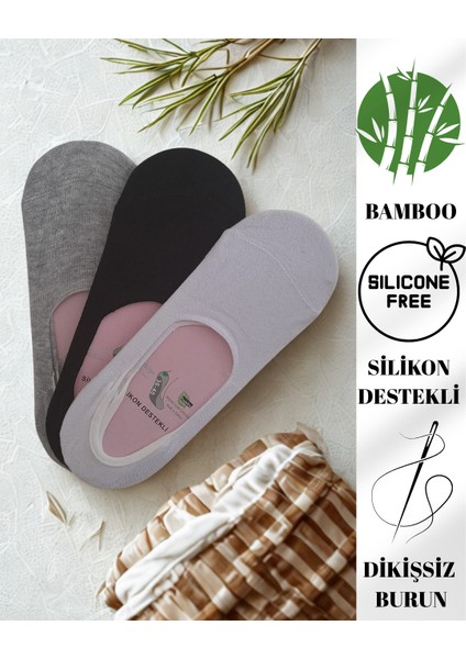 3 Çift Bambu Gri-Siyah-Beyaz Babet Çorap