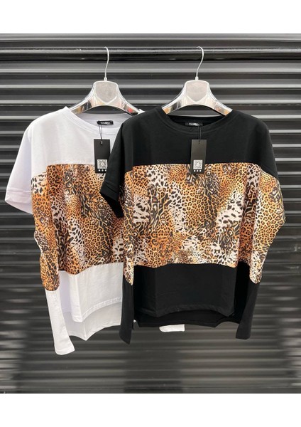 Renkli Desenli Oversize Tişört – Beyaz & Siyah Seçenekli