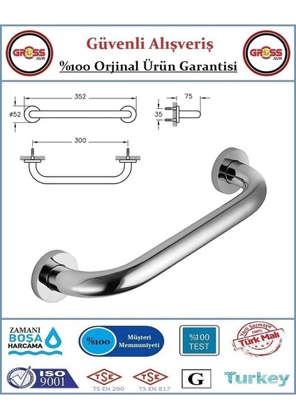 Engelli Tutunma Barı - Bedensel Engelli Küvet Tutunma Barı - 30cm