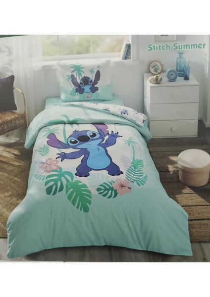 Tek Kişilik Disney Lisanslı Lastikli Çarşaf Çocuk Nevresim Takımı Mint Stitch Summer