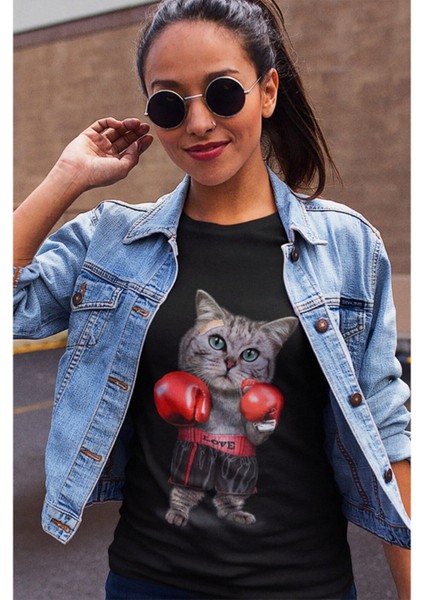 Boksör Sevimli Kedi Köpekli Baskılı Oversize T-Shirt modelleri