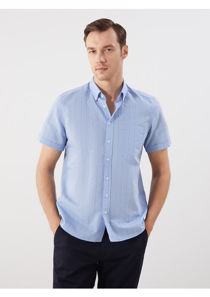 Yeni Sezon Regular Fit Kisa Kollu Cizgili Poplin Erkek Gomlek - S5QI80Z8