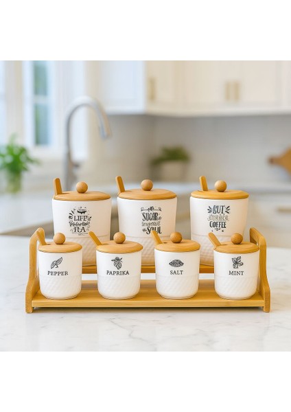 Ahşap Kapaklı 7' Li Seramik Baharat Takımı Kaşıklı Standlı Şık Tasarım