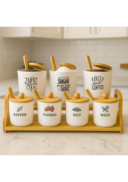 Ahşap Kapaklı 7' Li Seramik Baharat Takımı Kaşıklı Standlı Şık Tasarım fiyatları