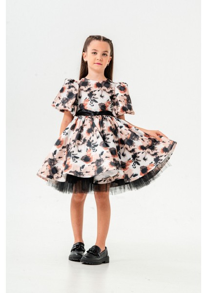 Çiçek Desenli Balon Kollu Saten Kız Çocuk Abiye Elbise