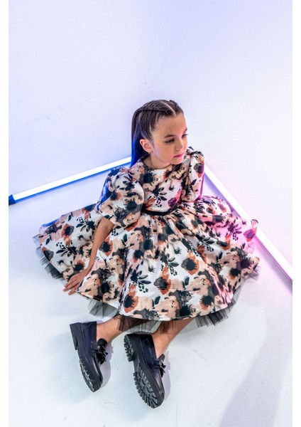 Çiçek Desenli Balon Kollu Saten Kız Çocuk Abiye Elbise fiyatları