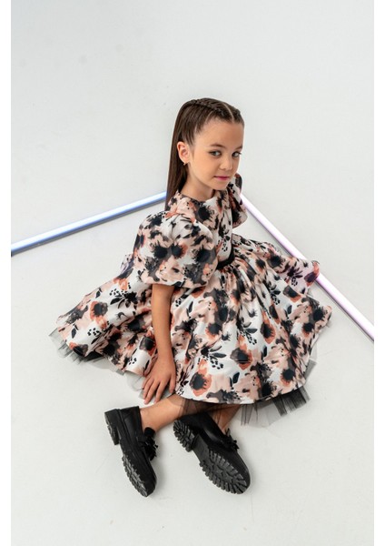 Çiçek Desenli Balon Kollu Saten Kız Çocuk Abiye Elbise modelleri
