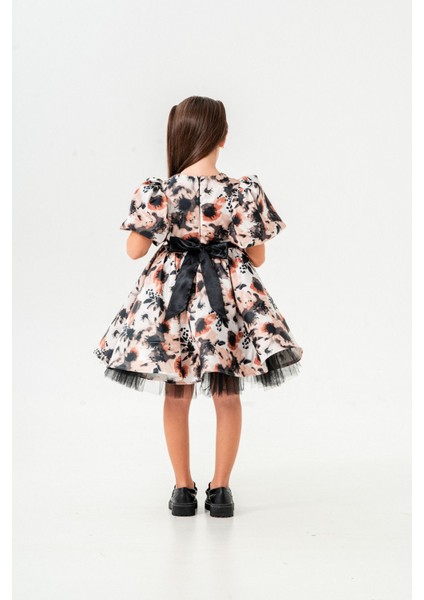 Çiçek Desenli Balon Kollu Saten Kız Çocuk Abiye Elbise fırsatları