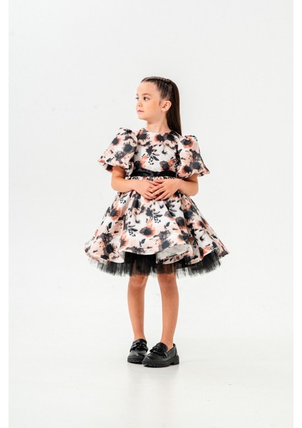 Çiçek Desenli Balon Kollu Saten Kız Çocuk Abiye Elbise indirimleri