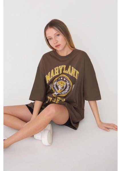 Baskılı Oversize Kahverengi T-Shirt