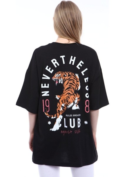 Kadın Siyah Nevertheless Kaplan Baskılı Oversize T-Shirt