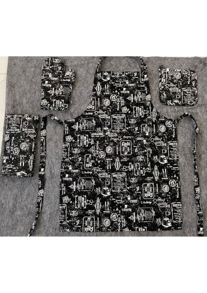 Şık ve Kullanışlı 4 Parça Mutfak Önlük Seti, Siyah Renkli, Hızlı ve Kolay Temizlenir