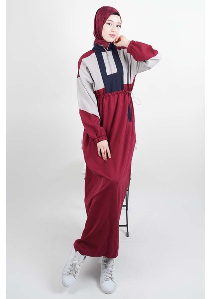 Tesettür Elbise Yarım Fermuarlı Çift Renkli Double Krep Elbise Bordo