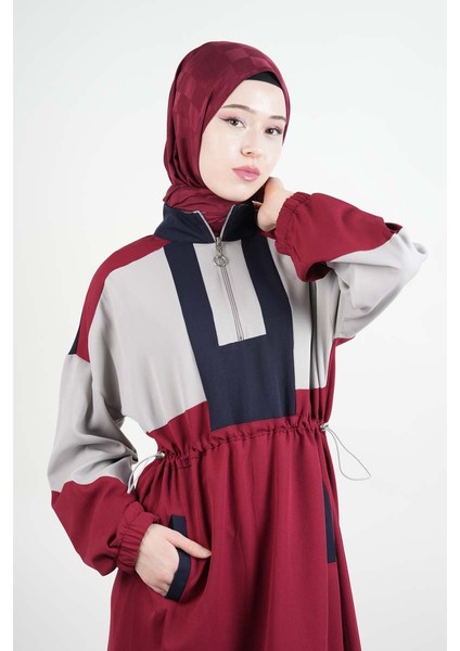 Tesettür Elbise Yarım Fermuarlı Çift Renkli Double Krep Elbise Bordo fiyatları