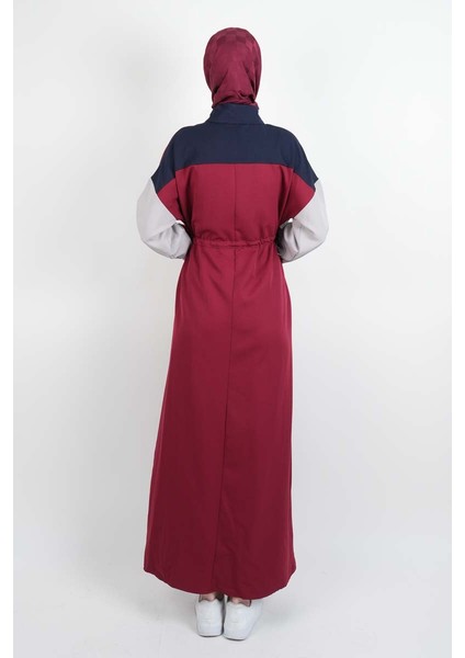 Tesettür Elbise Yarım Fermuarlı Çift Renkli Double Krep Elbise Bordo fırsatları