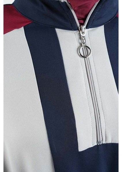 Tesettür Elbise Yarım Fermuarlı Çift Renkli Double Krep Elbise Bordo indirimleri