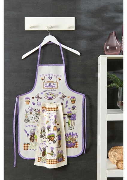 Lavanta Desenli Sıvı Geçirmez Mutfak Önlüğü, Mavi Renkli, Havlulu Tasarım