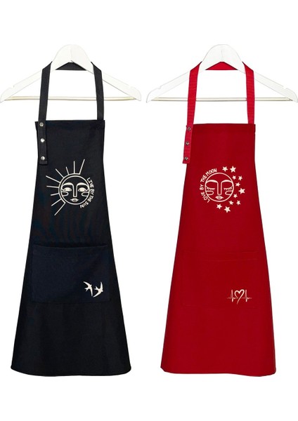 2'li Mutfak Önlüğü Seti, Siyah-Kırmızı, Leke Tutmaz, Su Itici, Baskılı, Hediye