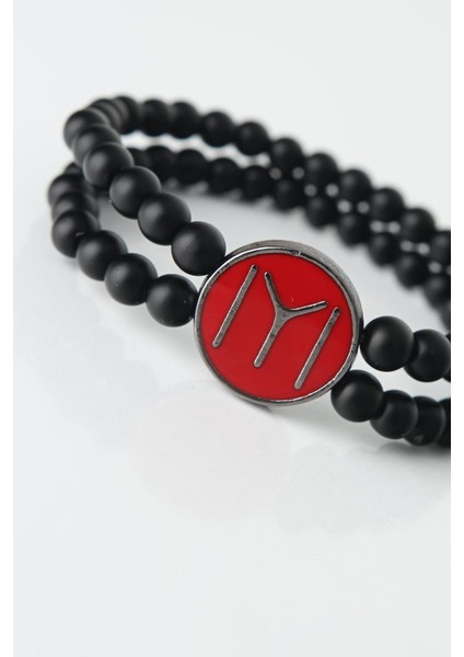 Bordo Renkli Metal Üzerine Füme Kayı Boyu Figürlü Siyah Renk Çift Sıra Doğal Taş Erkek Bileklik fiyatları