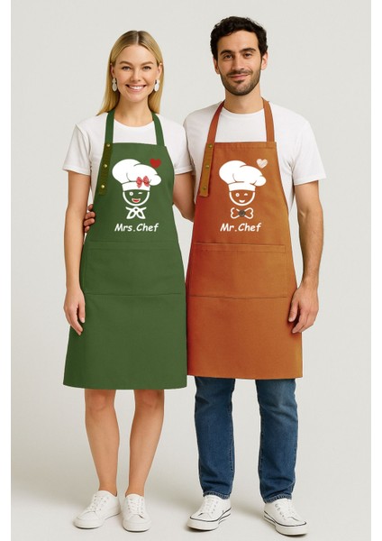 Çiftli Mutfak Önlüğü Seti, Su Itici, Leke Tutmaz, Cepli, Şef Tarzı, Haki ve Kiremit Renk