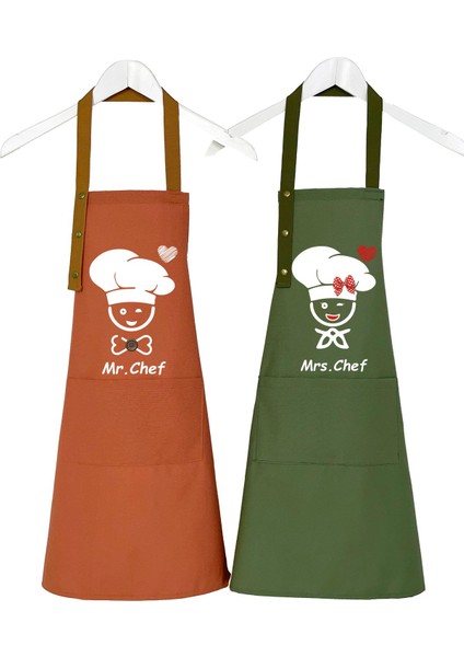 Çiftli Mutfak Önlüğü Seti, Su Itici, Leke Tutmaz, Cepli, Şef Tarzı, Haki ve Kiremit Renk fiyatları